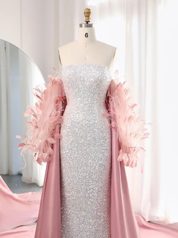 Sexy Argenté Paillettes Plumes Robe De Bal 2025 Trompette / Sirène Bustier Sans Manches Dos Nu Tribunal Train Robe De Ceremonie