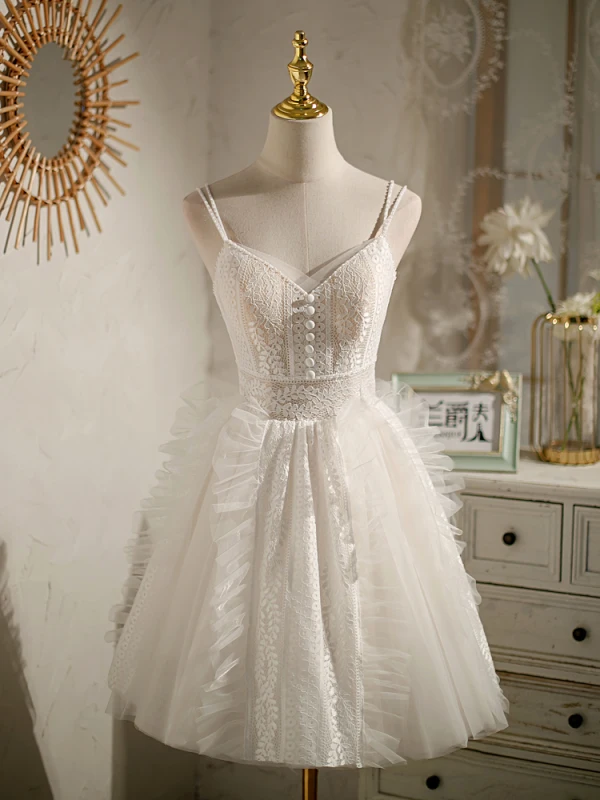 Sexy Ivory Lace Short Birthday Party Dresses 2022 A-Line / Princess  Spaghetti Straps Sleeveless Backless Bow Lace Flower Cocktail Party Formal  Dresses
