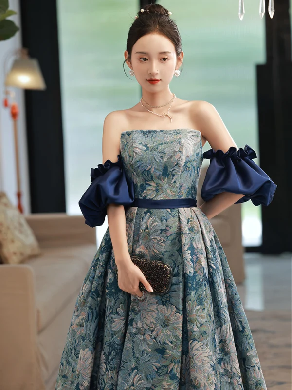 Vintage / Retro Ocean Blue Printing Prom Dresses 2022 A-Line / Princess Strapless Short Sleeve Backless Sash Floor-Length / Long Formal Dresses