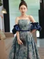 Vintage / Retro Ocean Blue Printing Prom Dresses 2022 A-Line / Princess Strapless Short Sleeve Backless Sash Floor-Length / Long Formal Dresses