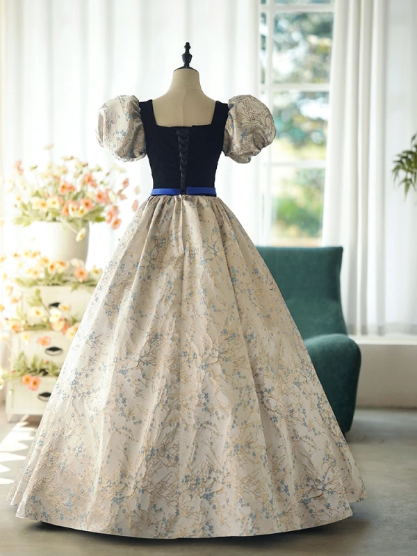 Vintage / Retro Navy Blue Printing Prom Dresses 2024 Ball Gown Square Neckline Puffy Short Sleeve Bow Sash Backless Floor-Length / Long Prom Formal Dresses
