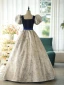 Vintage / Retro Navy Blue Printing Prom Dresses 2024 Ball Gown Square Neckline Puffy Short Sleeve Bow Sash Backless Floor-Length / Long Prom Formal Dresses