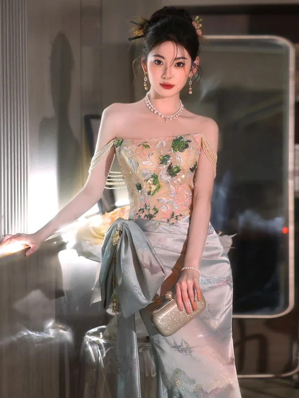 Charming Grey Beading Sequins Lace Flower Prom Dresses 2024 Trumpet / Mermaid Off-The-Shoulder Sleeveless Backless Bow Floor-Length / Long Prom Formal Dresses