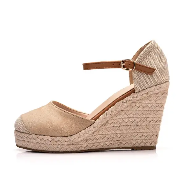 Chic / Beautiful Beige Suede Street Wear Braid Womens Sandals 2023 9 cm Wedges Round Toe Sandals Womens Shoes