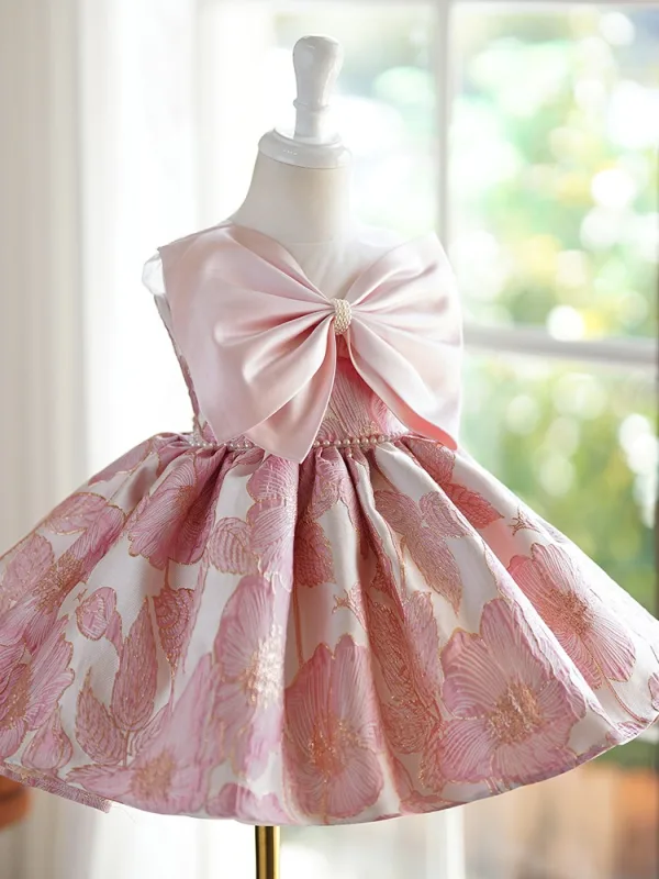 Lovely Blushing Pink Pearl Printing Short Birthday Flower Girl Dresses 2024 Ball Gown Scoop Neck Bow Sleeveless
