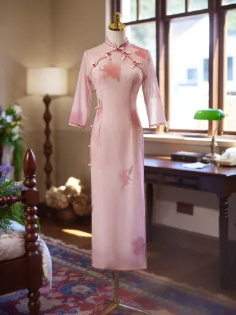 Chic Beautiful Blushing Pink Tea Length Cheongsam 2024 Trumpet Mermaid High Neck 1 2 Sleeves Prom
