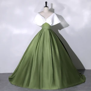 Élégant Vert Foncé Satin Robe De Bal 2023 Robe Boule V Cou Manches Courtes Dos Nu Longue Promo Robe De Ceremonie
