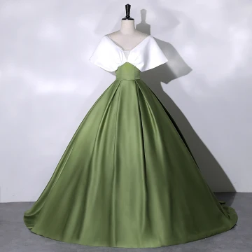Élégant Vert Foncé Satin Robe De Bal 2023 Robe Boule V Cou Manches Courtes Dos Nu Longue Promo Robe De Ceremonie