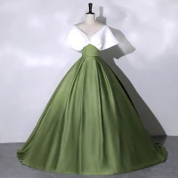 Elegante Dunkelgrün Satin Ballkleider 2023 Ballkleid V-Ausschnitt Kurze Ärmel Rückenfreies Lange Ball Festliche Kleider
