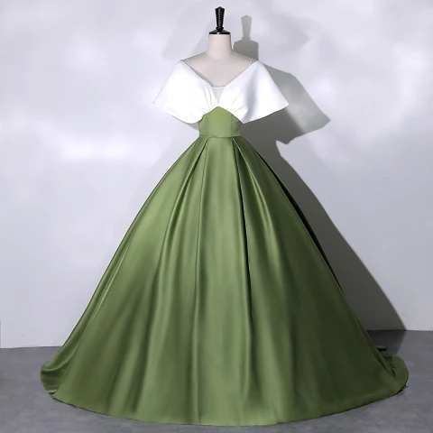 Elegante Dunkelgrün Satin Ballkleider 2023 Ballkleid V-Ausschnitt Kurze Ärmel Rückenfreies Lange Ball Festliche Kleider