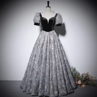 Élégant Noire Impression Robe De Bal 2022 Princesse Encolure Carrée Manches Courtes Dos Nu Longue Promo Robe De Ceremonie