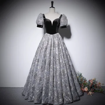 Élégant Noire Impression Robe De Bal 2022 Princesse Encolure Carrée Manches Courtes Dos Nu Longue Promo Robe De Ceremonie