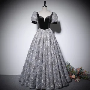 Elegant Black Printing Prom Dresses 2022 A Line Princess Square Neckline Short Sleeve Backless Floor Length Long Prom Formal Dresses