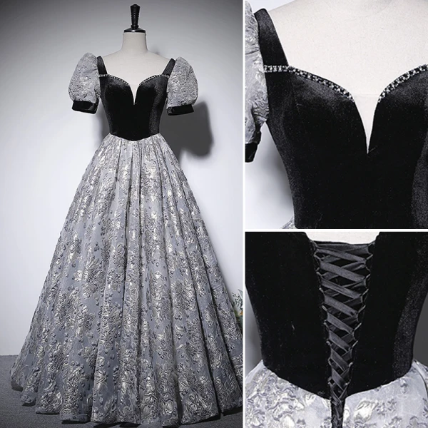 Élégant Noire Impression Robe De Bal 2022 Princesse Encolure Carrée Manches Courtes Dos Nu Longue Promo Robe De Ceremonie