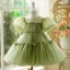 Modest / Simple Sage Green Birthday Bow Flower Girl Dresses 2024 Ball Gown Scoop Neck Puffy Short Sleeve Short