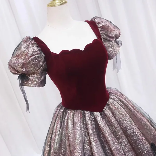 Elegant Burgundy Glitter Prom Dresses 2024 Ball Gown Square Neckline Puffy Short Sleeve Backless Floor-Length / Long Prom Formal Dresses