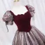 Elegant Burgundy Glitter Prom Dresses 2024 Ball Gown Square Neckline Puffy Short Sleeve Backless Floor-Length / Long Prom Formal Dresses