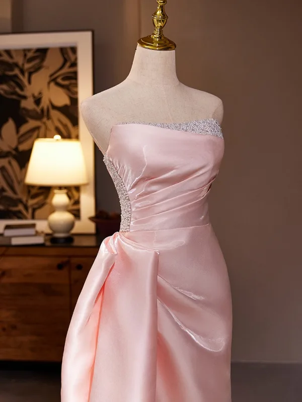 Sexy Pearl Pink Pearl Satin Prom Dresses 2024 Trumpet / Mermaid Strapless Sleeveless Backless Floor-Length / Long Prom Formal Dresses