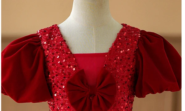 Bling Bling Burgundy Sequins Birthday Flower Girl Dresses 2024 Ball Gown Square Neckline Puffy Short Sleeve Backless Floor-Length / Long