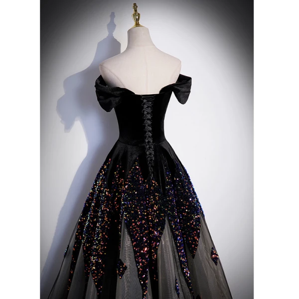 Sexy Black Sequins Evening Dresses 2023 A-Line / Princess Off-The-Shoulder Short Sleeve Backless Floor-Length / Long Evening Party Formal Dresses