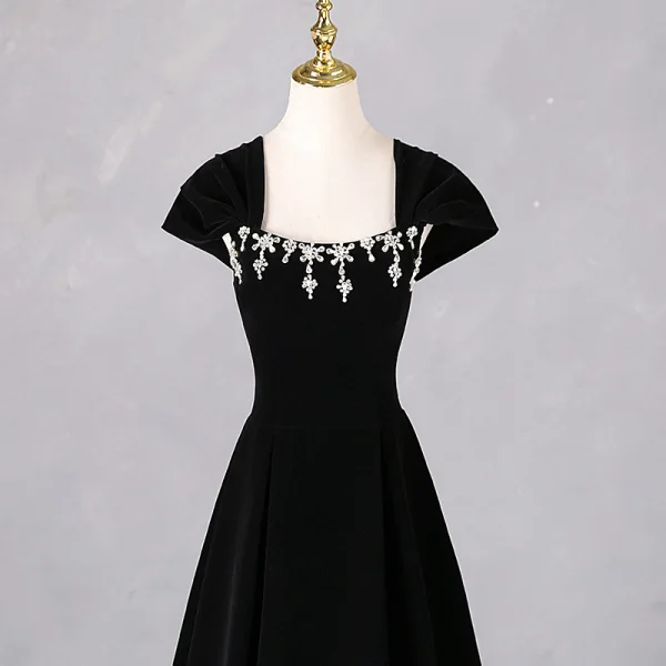 Elegant Black Rhinestone Prom Dresses 2024 A-Line / Princess Square Neckline Sleeveless Backless Floor-Length / Long Prom Formal Dresses