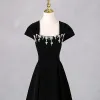 Elegant Black Rhinestone Prom Dresses 2024 A-Line / Princess Square Neckline Sleeveless Backless Floor-Length / Long Prom Formal Dresses