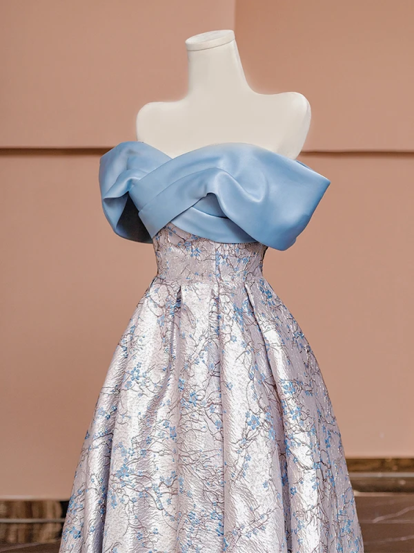 Fashion Sky Blue Printing Prom Dresses 2024 A-Line / Princess Off-The-Shoulder Short Sleeve Backless Floor-Length / Long Prom Formal Dresses