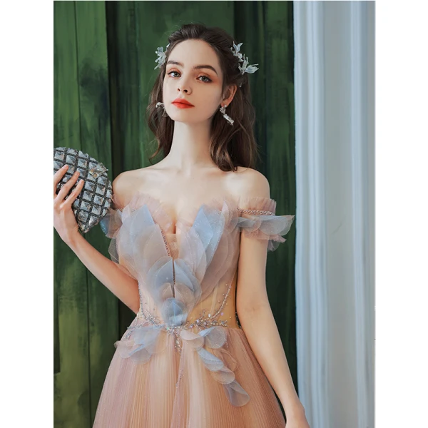 Elegant Blushing Pink Pearl Sequins Pleated Prom Dresses 2022 A-Line / Princess Off-The-Shoulder Short Sleeve Backless Floor-Length / Long Formal Dresses