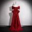 Elegant Burgundy Satin Prom Dresses 2025 A-Line / Princess Off-The-Shoulder Short Sleeve Backless Bow Sweep Train Formal Dresses