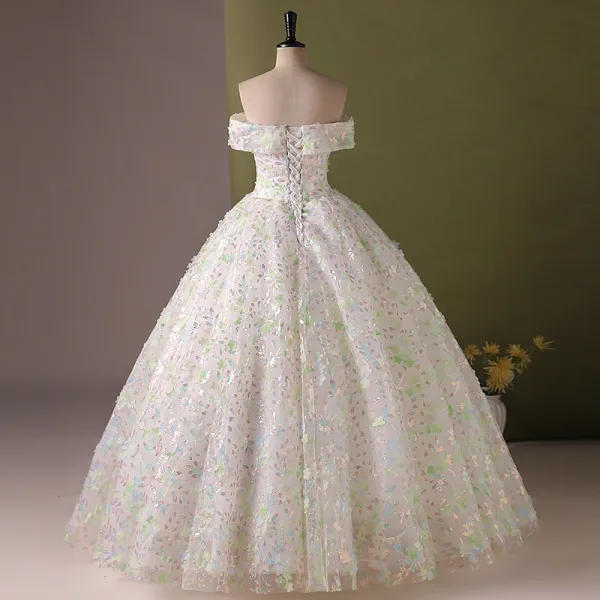 Flower Fairy Multi-Colors Appliques Sequins Ivory Prom Dresses 2024 Ball Gown Off-The-Shoulder Sleeveless Backless Floor-Length / Long Prom Formal Dresses
