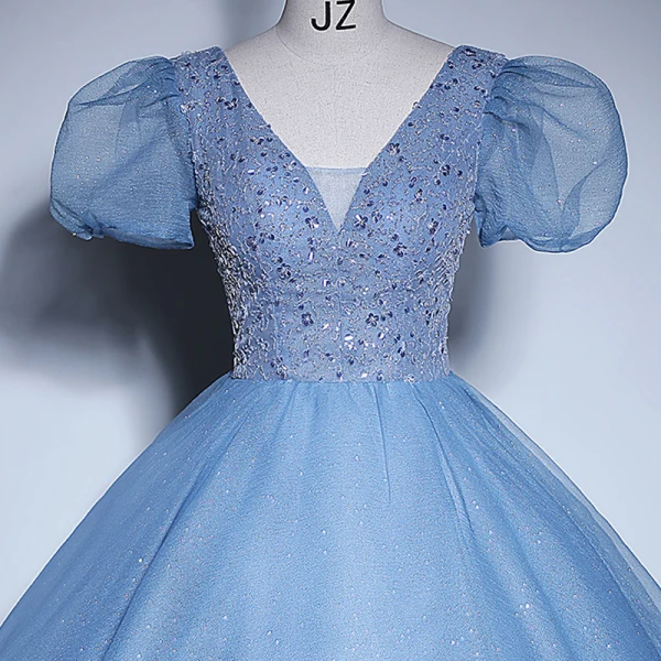 Elegant Sky Blue Beading Sequins Prom Dresses 2023 Ball Gown V-Neck Short Sleeve Backless Floor-Length / Long Prom Formal Dresses