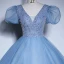 Elegant Sky Blue Beading Sequins Prom Dresses 2023 Ball Gown V-Neck Short Sleeve Backless Floor-Length / Long Prom Formal Dresses