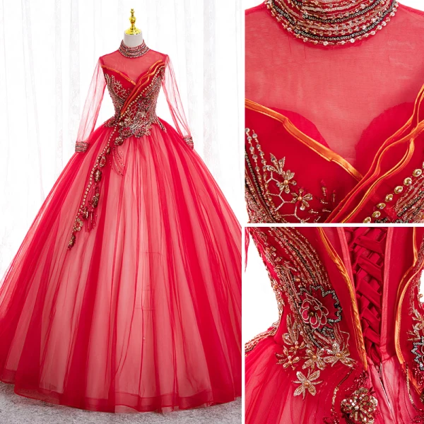 Élégant Rouge Perle Paillettes En Dentelle Fleur Robe De Bal 2022 Robe Boule Col Haut Manches Longues Dos Nu Longue Promo Robe De Ceremonie