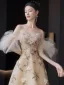 Glamorous Champagne Glitter Sequins Printing Prom Dresses 2025 A-Line / Princess Off-The-Shoulder Short Sleeve Backless Floor-Length / Long Prom Formal Dresses