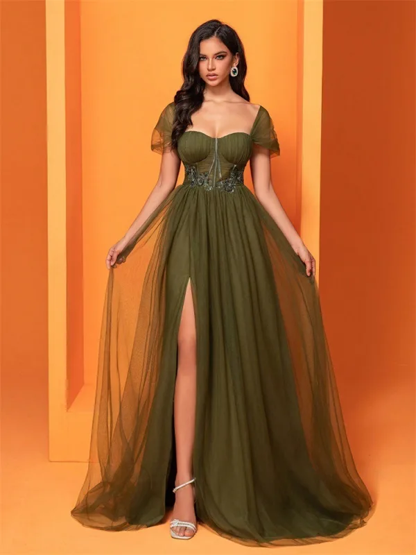Chic / Belle Vert Foncé Fendue devant Robe De Bal 2025 Trompette / Sirène Encolure Carrée Manches Courtes Dos Nu Longue Robe De Ceremonie