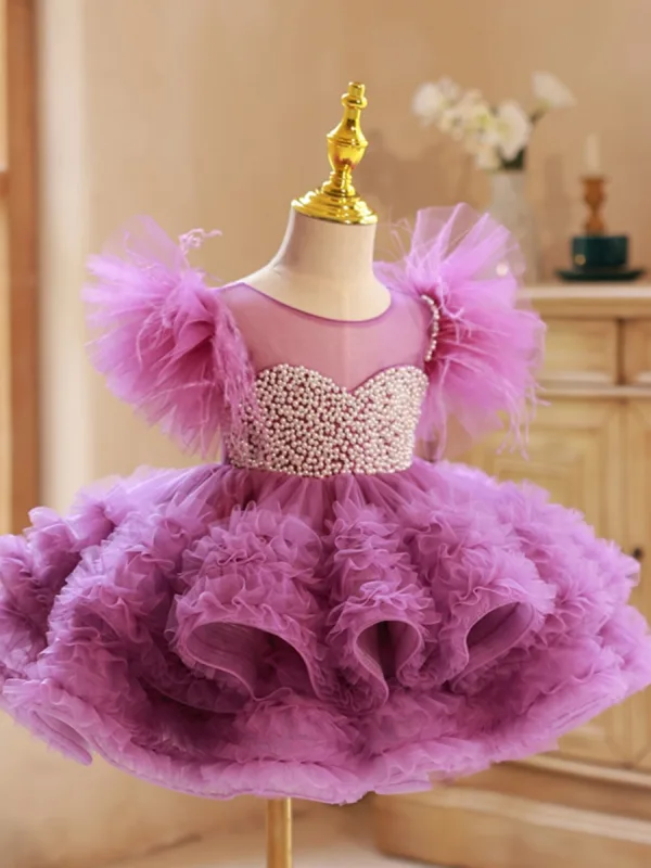 Chic / Beautiful Lilac Cascading Ruffles Pearl Birthday Flower Girl Dresses 2023 Ball Gown Scoop Neck Short Sleeve Backless Short