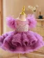 Chic / Beautiful Lilac Cascading Ruffles Pearl Birthday Flower Girl Dresses 2023 Ball Gown Scoop Neck Short Sleeve Backless Short