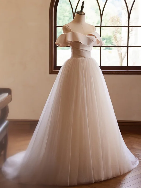 Modest / Simple Champagne Prom Dresses 2024 Ball Gown Spaghetti Straps Sleeveless Backless Floor-Length / Long Prom Formal Dresses