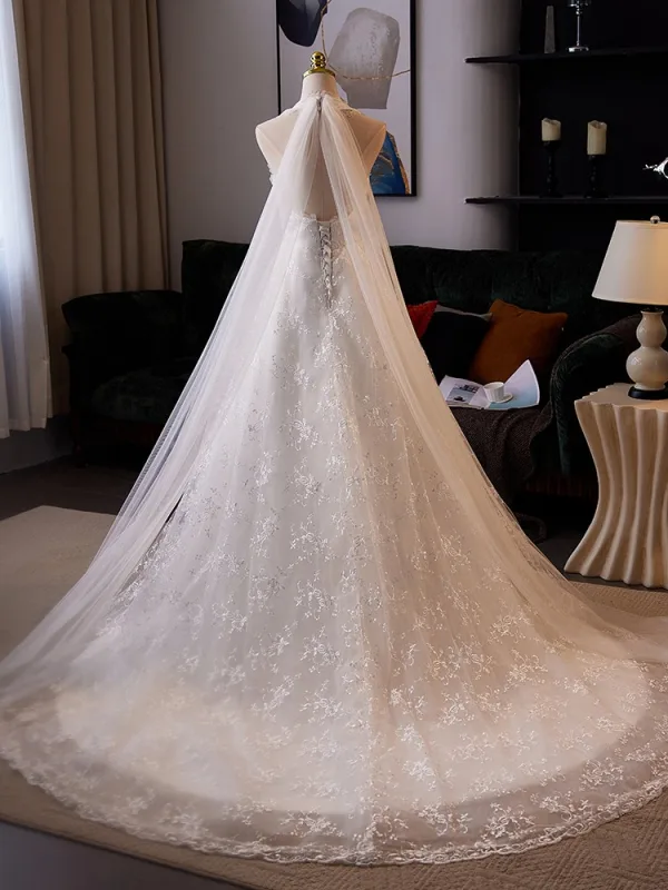 Vintage / Retro White Lace Flower Sweep Train Wedding Dresses Ball Gown 2025 V-Neck Sleeveless Backless