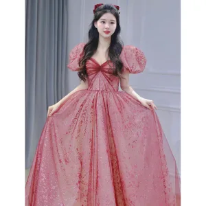 Chic Beautiful Red Sequins Prom Dresses 2022 A Line Princess Square Neckline Puffy Short Sleeve Backless Floor Length Long Formal Dresses