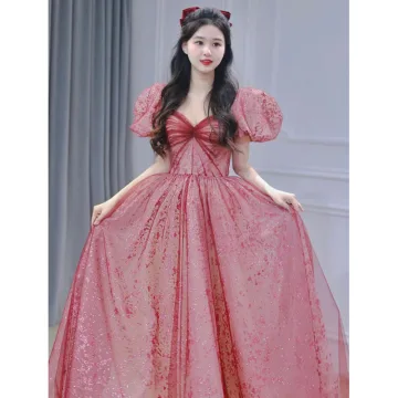 Chic Belle Rouge Paillettes Robe De Bal 2022 Princesse Encolure Carrée Gonflée Manches Courtes Dos Nu Longue Robe De Ceremonie
