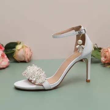 Sexy White Pearl Crystal Wedding Shoes 2023 Ankle Strap 9 Cm Stiletto Heels Open Peep Toe Wedding Sandals High Heels