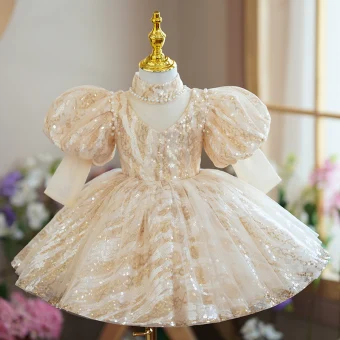Scintillantes Champagne Perle Paillettes Anniversaire Robe Ceremonie Fille 2022 Robe Boule Col Haut Gonflée Manches Courtes Thé Longueur Robe Ceremonie Fille