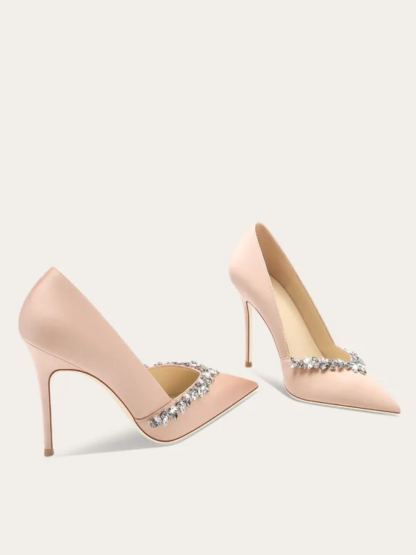 Elegante Champagne Rhinestone Satijn Bruidsschoenen 2024 10 cm Naaldhakken / Stiletto Spitse Neus Huwelijk Pumps Hoge Hakken