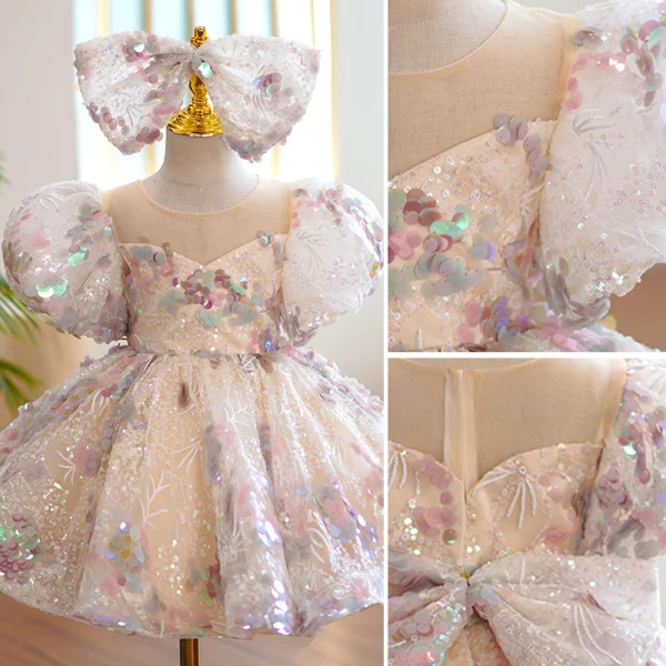 Charming Multi-Colors Beading Sequins Birthday Short Flower Girl Dresses 2022 Ball Gown Scoop Neck Puffy Short Sleeve Backless Flower Girl Dresses
