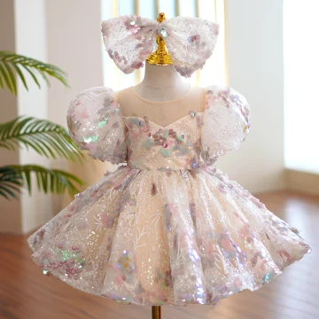 Glitter Multi Kleuren Pailletten Verjaardag Korte Bloemenmeisjes Jurken 2022 Baljurk Ronde Hals Korte Mouwen Strik Bloemenmeisjes Jurken