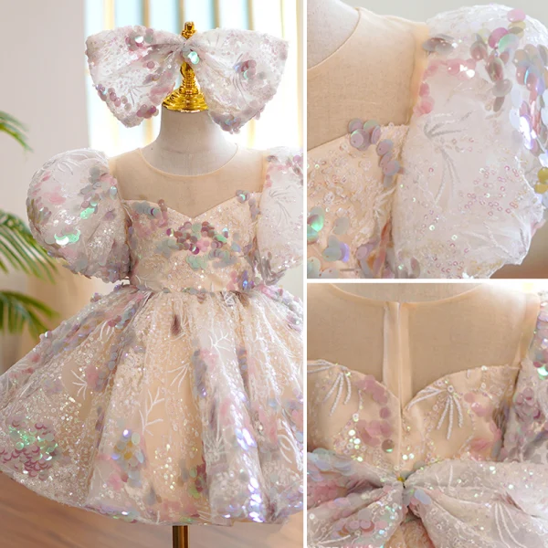 Sparkly Multi-Colors Sequins Birthday Short Flower Girl Dresses 2022 Ball Gown Scoop Neck Short Sleeve Bow Flower Girl Dresses