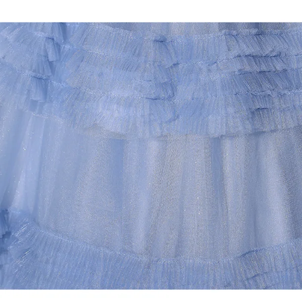 Chic / Beautiful Sky Blue Cascading Ruffles Prom Dresses 2023 Ball Gown Off-The-Shoulder Ruffle Short Sleeve Backless Floor-Length / Long Prom Formal Dresses