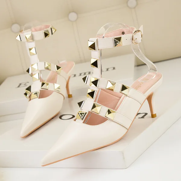 Romain Sexy Nues Soirée Rivet Chaussures Femmes 2022 T-Strap 6 cm Talons Aiguilles À Bout Pointu Talons Hauts