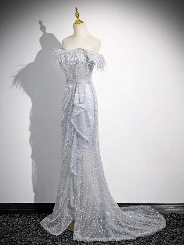 Bling Bling Gris Perlage Paillettes Robe De Bal 2024 Trompette / Sirène De l'épaule Gland Sans Manches Dos Nu Promo Train De Balayage Robe De Ceremonie